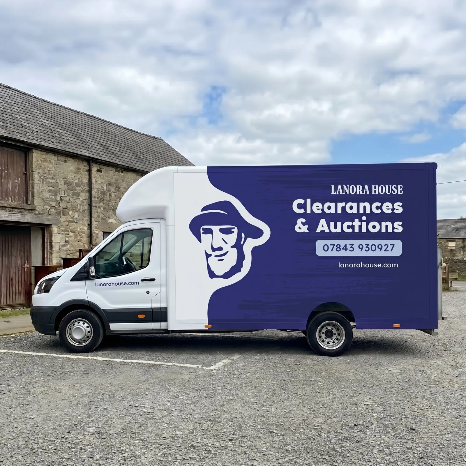 Render of the wrapped Lanora House Luton van parked outside a stone barn